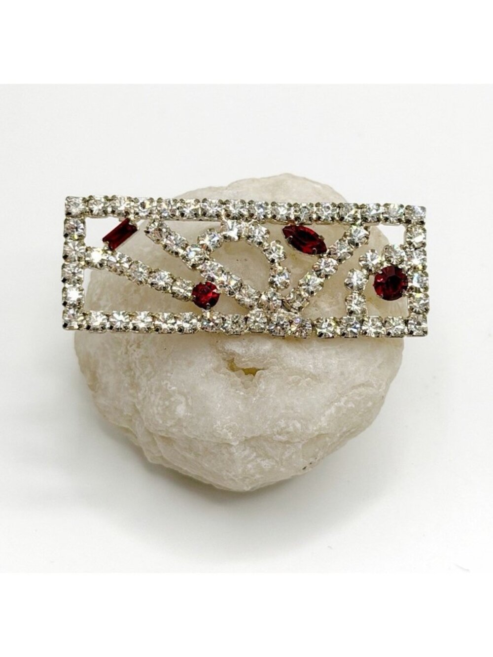 Art Deco Style‎ Ruby Red & Clear Rhinestone Bar Pin 2.25”